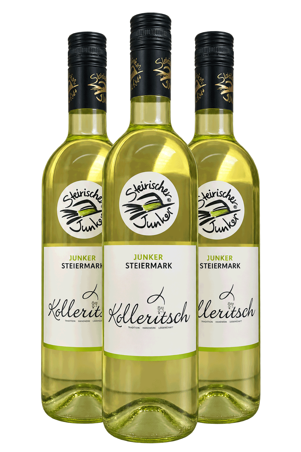 Drei Flaschen Steirischer Junker Wein.